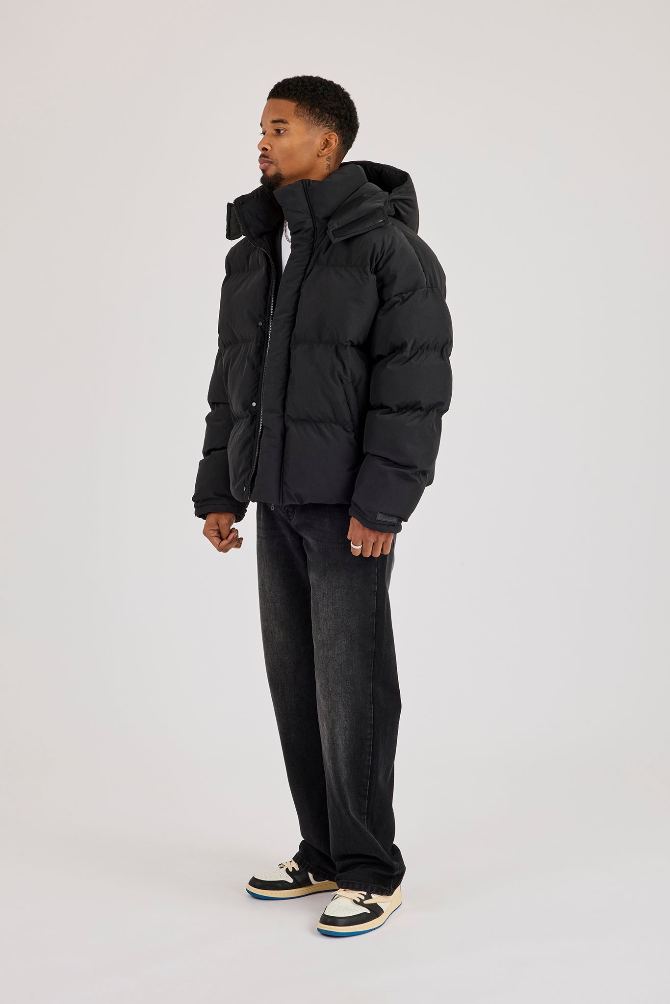Funnel Neck Hooded Puffer Jacket - Black